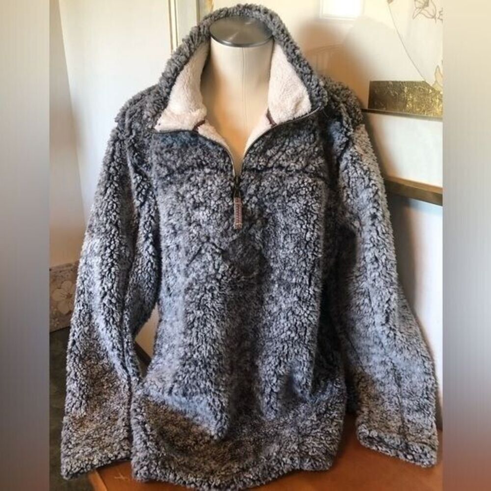 Grizzly Sherpa Soft Fleece Gray Large Fluffy Winter 1/4 Zipper‎ Pullover Jacket